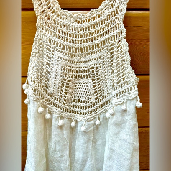 ANTHROPOLOGIE cream, linen, crocheted top with pom poms is lined and lovely. - Picture 1 of 16